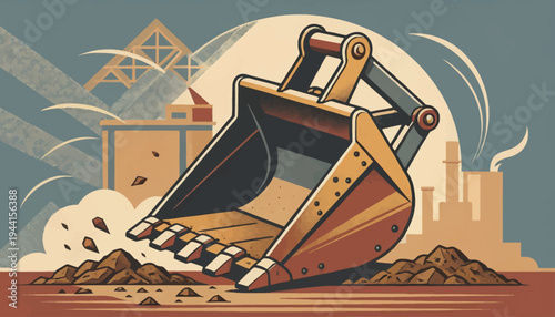 Heavy machinery excavator bucket digging into a pile of dirt with industrial buildings in the background under a dusty sky