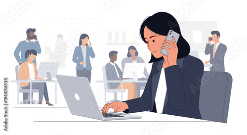 Woman Working on Laptop and Phone.