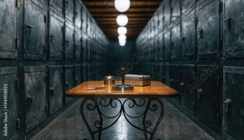 Medium shot capturing an inspection table set near the deposit boxes corridor with the table in sharp focus and surrounding lockable boxes gently out of focus.
