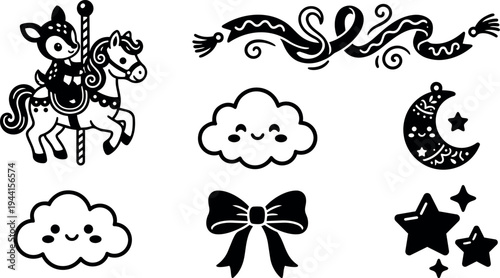 Cute black and white vector art of smiling cloud stars moon bow ribbon and deer riding carousel horse graphic design elements