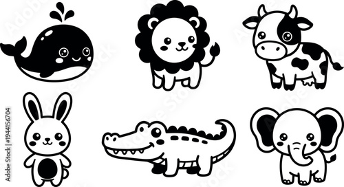 Cute black and white vector animal icons smiling whale lion cow rabbit crocodile and elephant with simple line art style