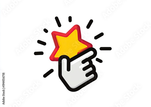 A cartoon hand clicks on a bright yellow star, radiating light