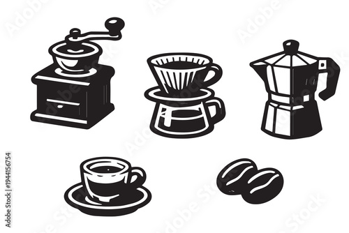 Vector coffee concept featuring a cup of coffee, coffee beans, moka pot, bean grinder, and Vietnamese drip filter, arranged in a clean illustration celebrating brewing culture.