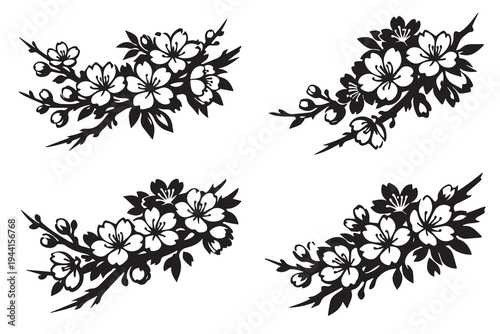 Simple black and white vector illustration of several cherry blossom branches with delicate sakura flowers, drawn with clean outlines to create an elegant botanical design.