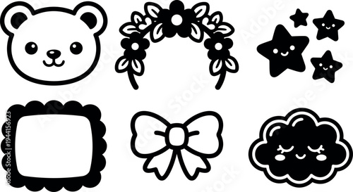 Cute black and white vector icons of bear face flower crown bow frame and smiling stars with cloud in simple line art style