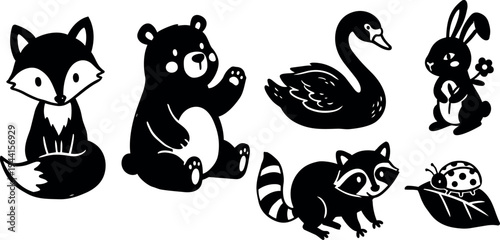 Black silhouette woodland animals including fox bear sitting swan rabbit holding flower raccoon and ladybug on leaf vector art