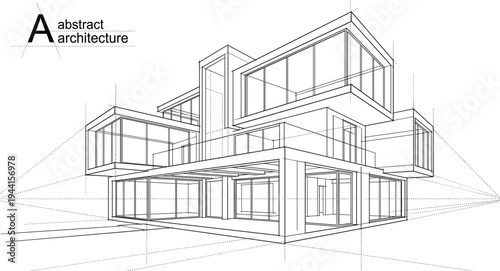 Professional black vector architecture wireframe of modern multi-level luxury villa with expansive glass facades and tiered terraces