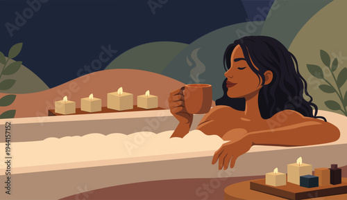 Woman Relaxing in Bathtub with Cup of Tea, Self Care Wellness Spa Lifestyle Vector Illustration