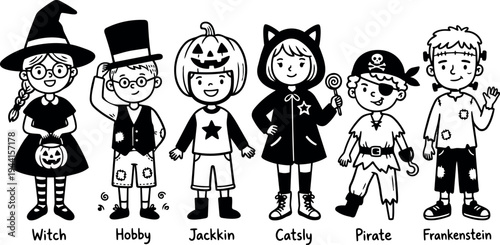 Black and white halloween vector art with kids dressed as witch pumpkin cat pirate and frankenstein smiling and standing in costume row