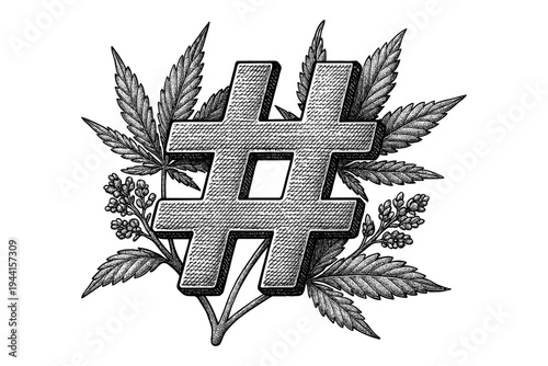 Intricate hashtag design with cannabis leaves in vintage engraving style