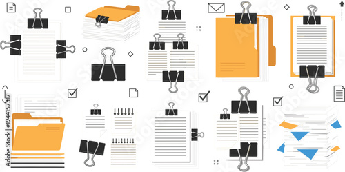 Office Paperwork and File Organization Illustration Set with Binder Clips Documents Folders Paper Stacks Checklists and Business Administration Vector Collection