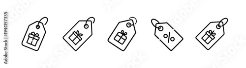 Gift tag and discount price label outline icon set featuring shopping voucher and sales coupon for commerce reward and more vector illustration or editable stroke