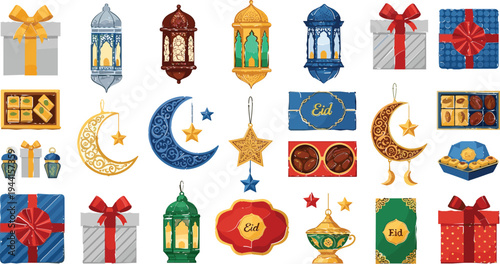 Islamic Eid and Ramadan Celebration Icon Set with Lanterns, Crescent Moons, Gift Boxes, Sweets and Decorative Elements Cartoon Vector Illustration Collection