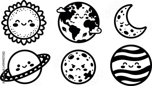 Cute kawaii style smiling sun earth moon and planets with facial expressions vector icons set