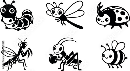 Cute black and white cartoon insects collection with smiling caterpillar bee ladybug praying mantis cricket holding apple in vector art