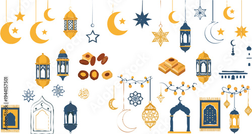 Islamic Ramadan and Eid Decoration Elements Set with Crescent Moon, Lanterns, Stars, Mosque Arch, Dates and Sweets Cartoon Vector Illustration Collection