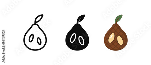 Pear icon set in minimalist, silhouette, and detailed styles