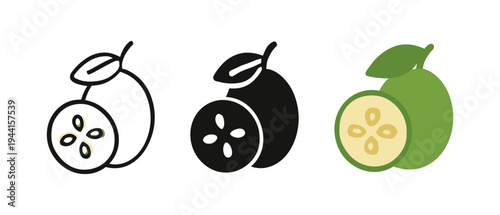 Trio of guava icons in flat style: black and white to green variations