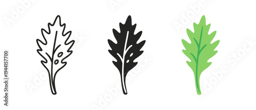 Minimal leaf design: outline, solid, and color variants in flat style