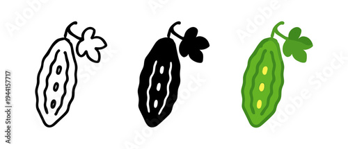 Bitter gourd icons: outline, silhouette, and color variations for design projects