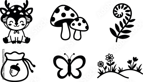 Cute cartoon deer sitting smiling with mushrooms fern acorn bag butterfly and flower hill simple black line art vector icons