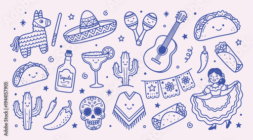 Mexican fiesta doodle collection with playful outline style. Sombrero, maracas, guitar, taco, cactus, sugar skull. Cute festive culture elements for holiday decoration and food festival graphics.