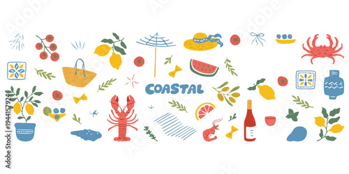 Vibrant coastal summer illustration with various sea creatures and fruits