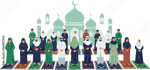 Muslim People Performing Eid Prayer in Front of Mosque Cartoon Vector Illustration with Men and Women Standing on Prayer Mats Islamic Worship Scene
