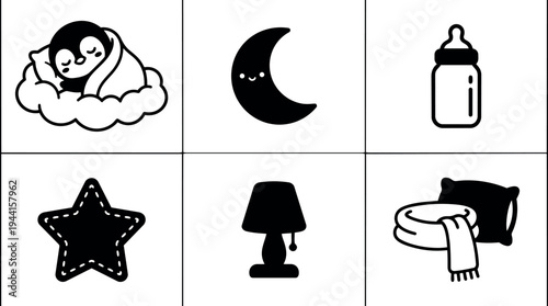 Minimalist black and white vector icons set featuring sleeping penguin on cloud crescent moon baby bottle star lamp and blanket with pillow
