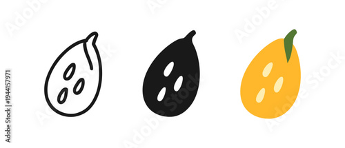 Three mango icon variations: outline, solid, and colorful design