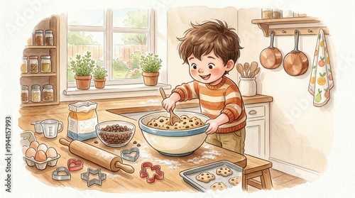Young boy baking cookies and smiling in a cozy kitchen  