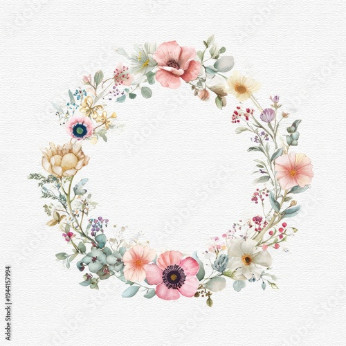 A watercolor floral wreath with various blooms and greenery, on a textured background