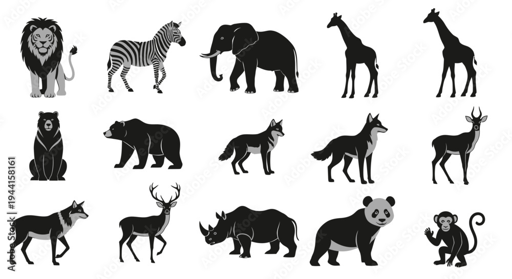 Obraz premium Collection of black silhouettes of various wild animals on white background