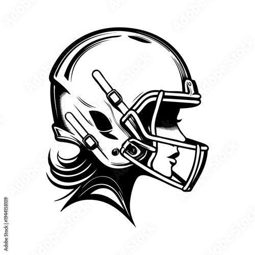 Logo fútbol americano femenino. Icono con cabeza de chica joven con casco de fútbol americano