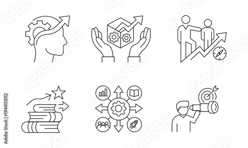 Visionary growth and professional development icon set. Features mindset growth, business incubation, mentoring guidance, academic success, operational strategy, and strategic foresight in thin line