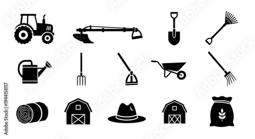 Farm tools and equipment icons including tractor barn hat and gardening tools on white background