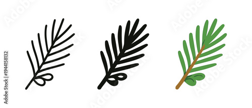 Simple pine leaf variations in outline, silhouette, and color styles