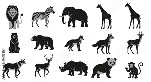 Collection of black silhouettes of various wild animals on white background