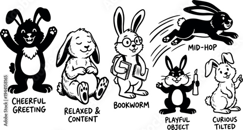Black and white line art cartoon rabbits in various poses including cheerful greeting relaxed content bookworm mid hop playful object and curious tilted expressions