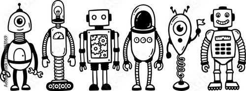 Black and white hand drawn robots lineup cartoon style different shapes and sizes playful doodle vector art design