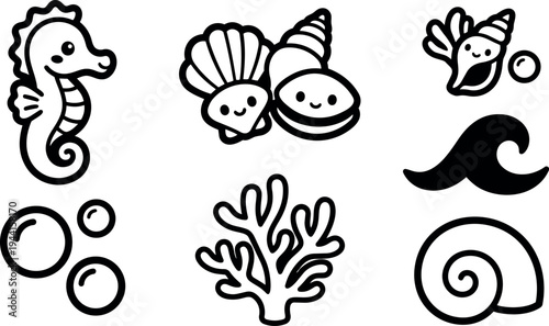 Cute black and white line art sea creatures with smiling seashells coral waves and ocean bubbles vector illustration set