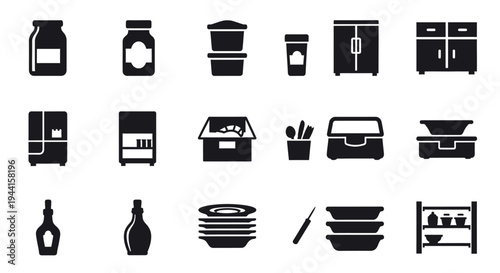 Black kitchen icons set including food drinks and appliances on white background for design and culinary themes