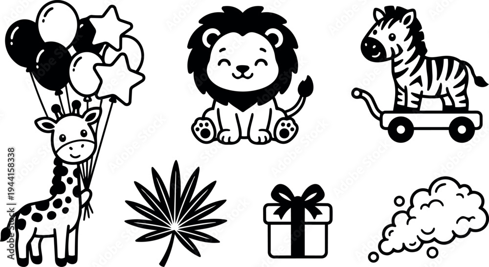 Fototapeta premium Cute vector art of smiling lion sitting and happy giraffe holding balloons with zebra on toy cart with gift box and leaf black and white