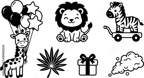 Cute vector art of smiling lion sitting and happy giraffe holding balloons with zebra on toy cart with gift box and leaf black and white