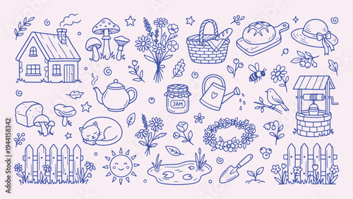 Garden cottage doodle collection with cute outline style. House, mushrooms, flowers bouquet, watering can, jam jar, fence. Cozy nature elements for gardening design and countryside illustration.