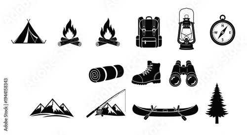 Camping icons set including tent fire hiking gear and outdoor equipment on white background for adventure and travel themes