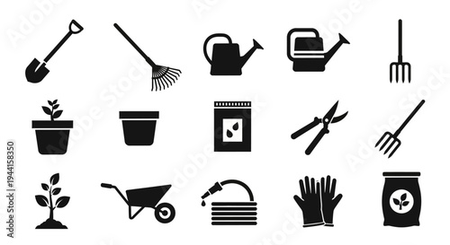 Gardening tools and icons including shovel rake watering can plant pot pruners wheelbarrow and gloves on white background for landscaping and diy projects