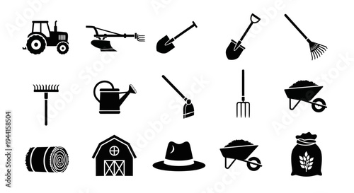 Collection of gardening tools and farm equipment icons on white background