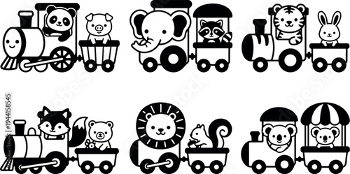 Black and white vector art of cute animal cartoon trains with panda pig elephant raccoon tiger rabbit fox bear lion squirrel and koala in carriage