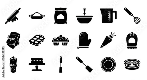 Black icons of baking tools and desserts on white background for cooking and pastry making